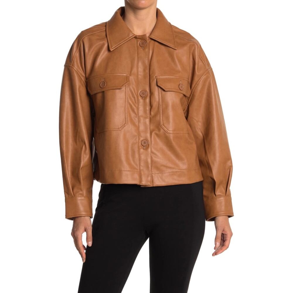 New Avec Les Filles Faux Leather Shacket in Cognac Women's Size L - Picture 1 of 8